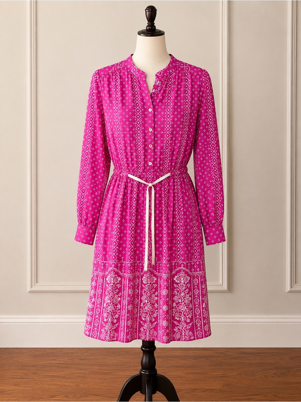Meadow Rue Fuchsia Printed Long-Sleeve Button Dress with Tie Waist